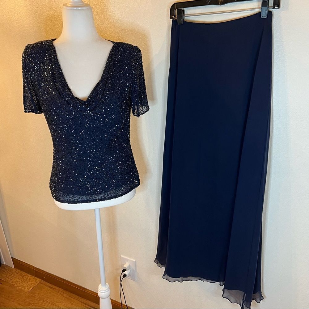 Laurence Kazar Sequin & Bead Evening Dress 2-piece Long Skirt Blue Silk Size 6